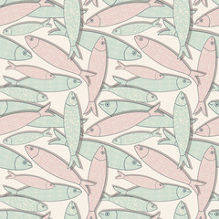 Traditional Portuguese icon. Colored sardines with geometric patterns. Seamless fish pattern. Vector illustration