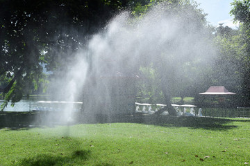 Fototapeta na wymiar closed up the sprinkler waters grass in park