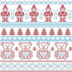 Blue and red Scandinavian inspired Nordic xmas seamless pattern with elf, stars, teddy bears, snow, xmas  trees, snowflakes, stars, snow, decorative ornaments  in red cross stitch
