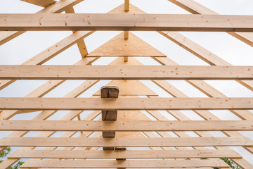 Detail of new wooden framework for a roof on a shed