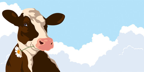 Cow with a flower on a background of blue sky - 90828865