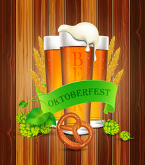 Oktoberfest background with pretzel, beer and hops.