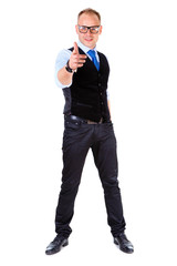 Fototapeta premium Attractive happy business man in black waistcoat, tie and glasses. Show finger at camera, Isolated on white, Positive human emotion, facial expression
