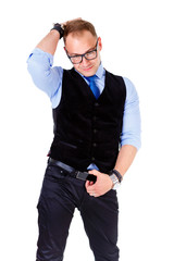 Portrait of young casual man in suit and tie with glasses, hand on head, hand on belt, isolated on white, Positive human emotion, facial expression