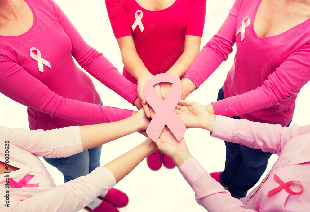 Wall mural close up of women with cancer awareness ribbons