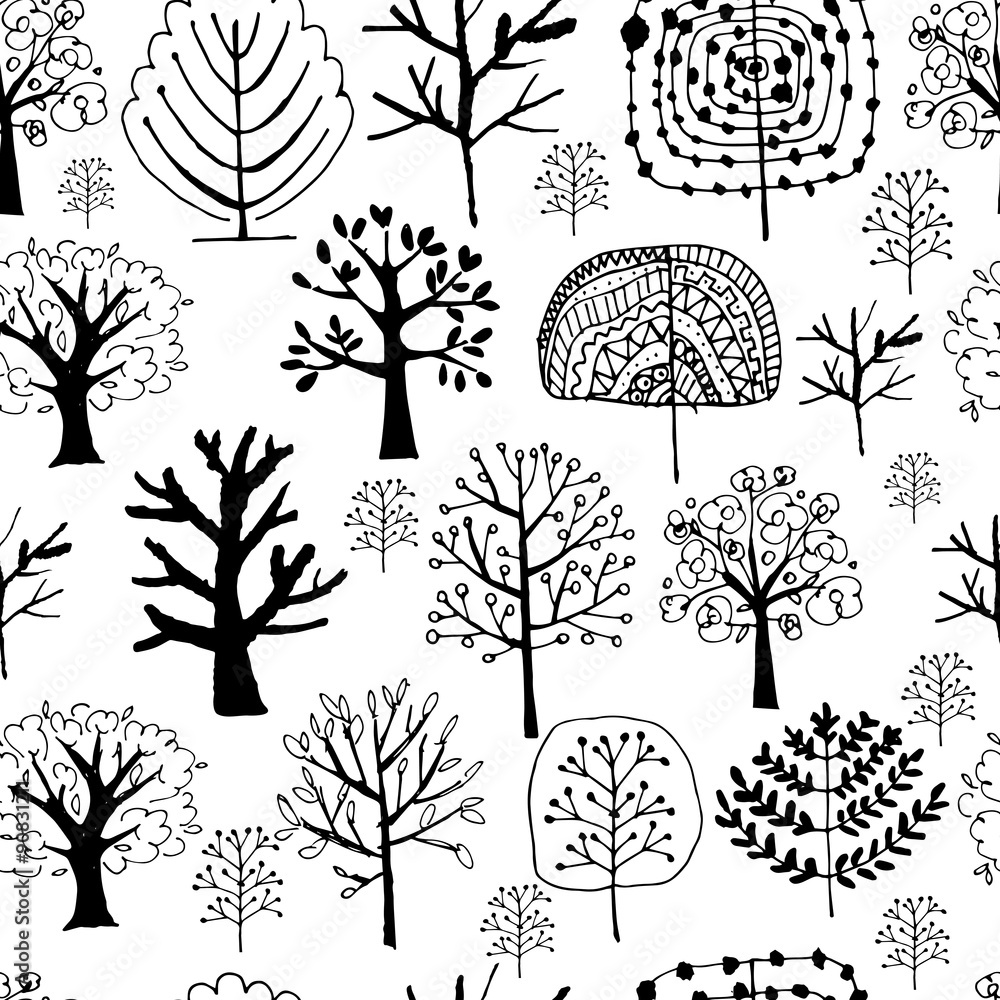 Poster seamless pattern with trees, sketch for your design