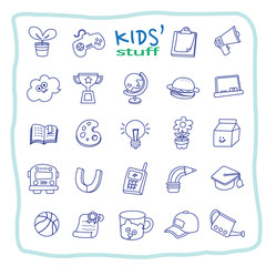 Vector collection of linear icons and illustrations of kid stuff.
