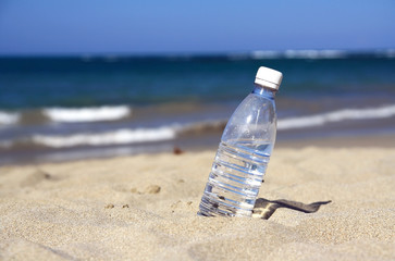 Fototapeta na wymiar Drinking water in bottle on sand on beach