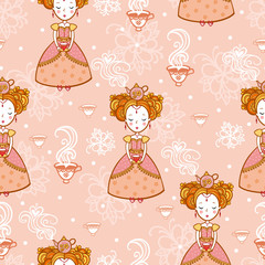 Vintage romantic seamless pattern with princesses. Tea time.