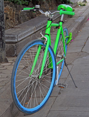 bright lettuce green bicycle on the street in Lijiang