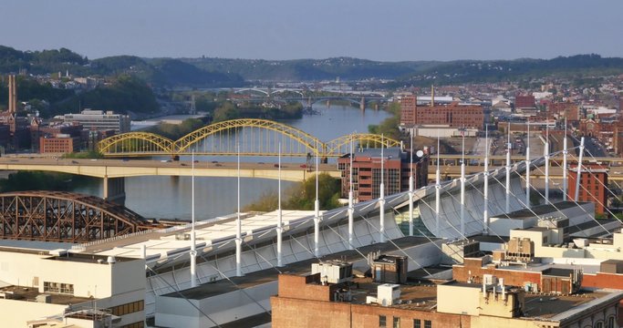 Establishing Shot Looking Up Allegheny River in Pittsburgh
