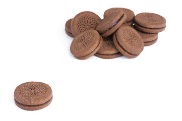 Chocolate cookies closeup white background