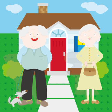 A picture of an old couple standing in front of a house with their dog.