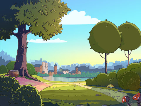 Green glade cartoon landscape background. Raster colorful illustration of a park near a town.