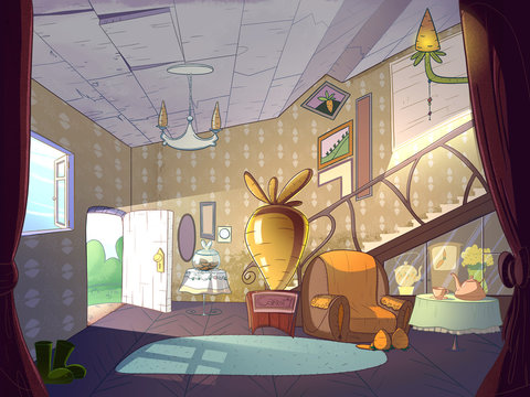 Rabbit House, Living Room Interior. Fairy Tale Cartoon Stylish Raster Illustration.