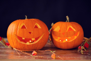 close up of pumpkins on table