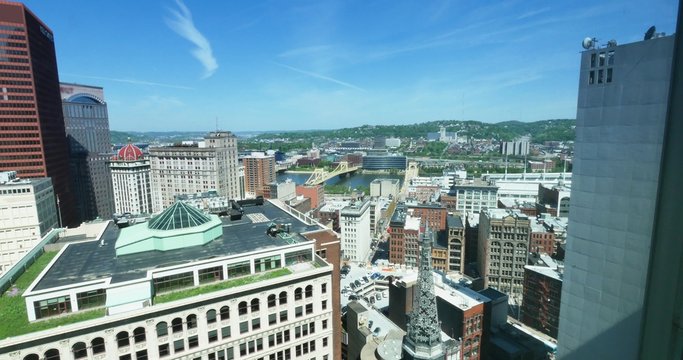 High Angle Pan of Pittsburgh Skyline