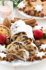 Christmas Stollen with dried fruit, cookies and spices, vertical
