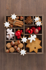 wooden box with Christmas symbols, top view, vertical