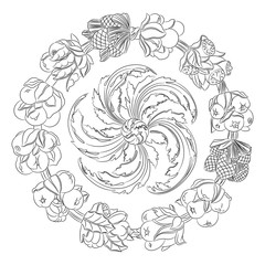 Round ornament, wreath made of hand drawn leaves and fruits. Horn of plenty. Outline fruits and vegetables arranged on a circle. Vector medallion