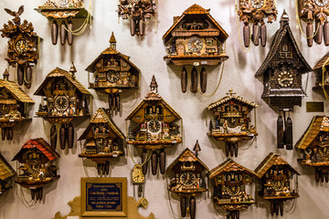 Clock. Vintage cuckoo clocks in shop, Bavaria, Munich, Germany