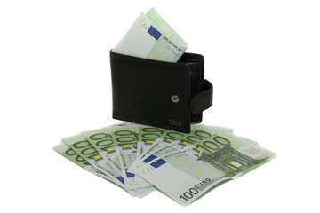 black wallet with cash in euros