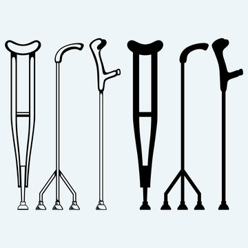 Set crutches. Isolated on blue background