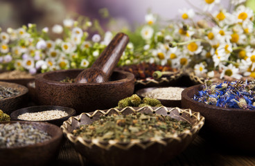 Natural remedy,Herbal medicine and wooden table background