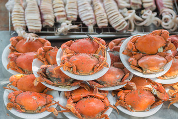 Crab steam in seafood market. Selective focus.