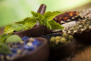 Natural remedy,Herbal medicine and wooden table background