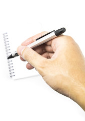 hand holding notebook on white background