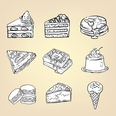Doodle cake cheesecake waffle pudding macaron ice cream crepe pancake pie and other international sweet dessert icon set, vector