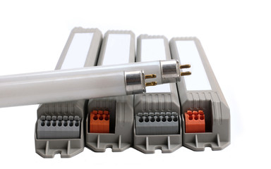 Fluorescent T5 light, and Electronic BallasTubes on White Background, fluorescent, lamps, Bulb....