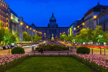Night view of Wenceslas square and National Museum in Prague, Czech Republic