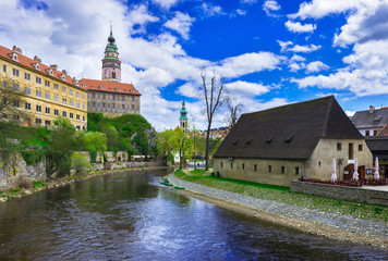 View of castle and houses in Cesky Krumlov, Czech Republic