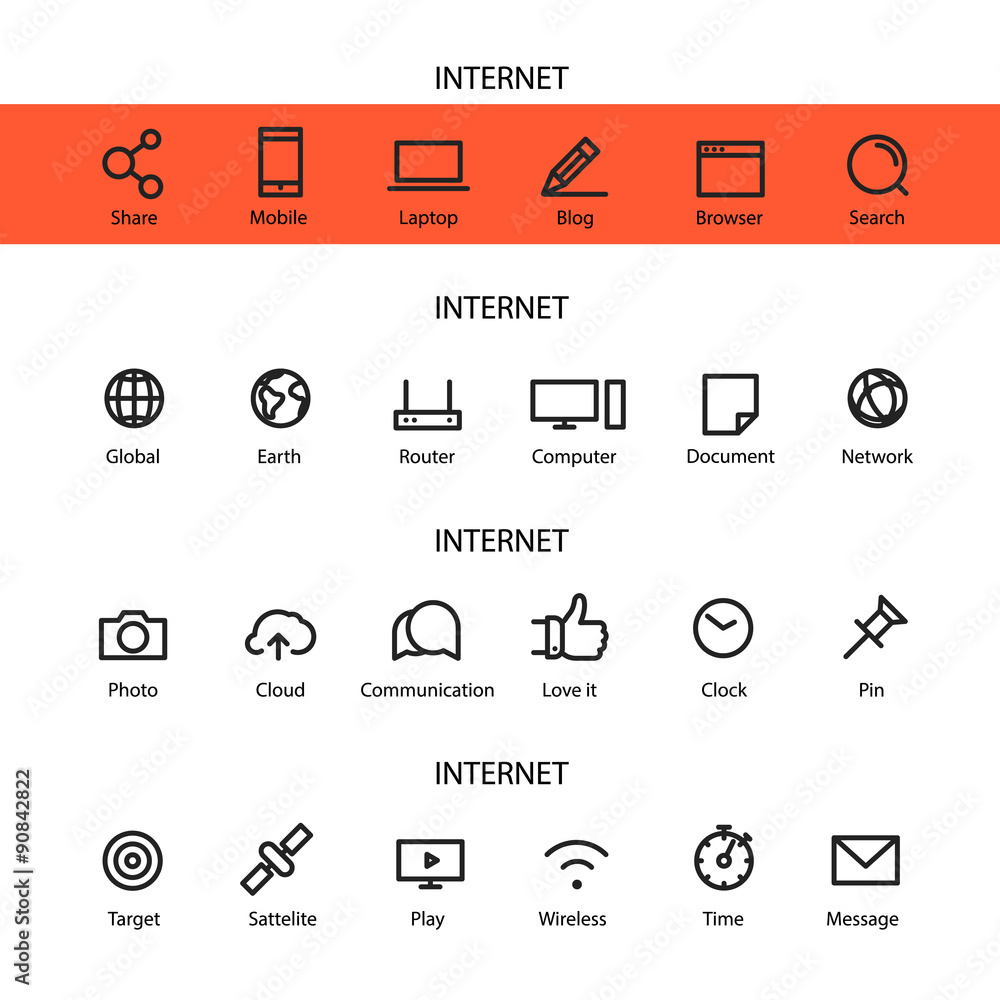 Poster Different line style icons set. Internet