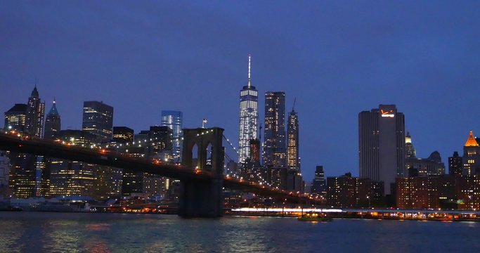 Night Establishing Shot of Lower Manhattan Skyline Brooklyn Bridge