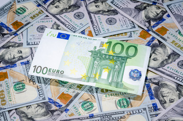 Fototapeta na wymiar One hundred euro on american dollars money background