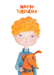 Boy with red dog. Happy birthday. Watercolor and gouache Illustration