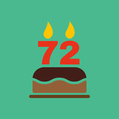 The birthday cake with candles in the form of number 72 icon. Birthday symbol. Flat