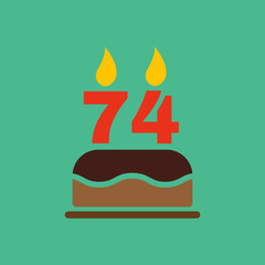 The birthday cake with candles in the form of number 74 icon. Birthday symbol. Flat