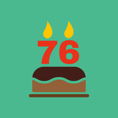 The birthday cake with candles in the form of number 76 icon. Birthday symbol. Flat