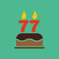 The birthday cake with candles in the form of number 77 icon. Birthday symbol. Flat