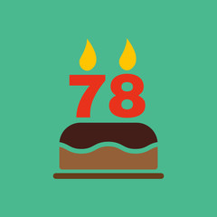 The birthday cake with candles in the form of number 78 icon. Birthday symbol. Flat