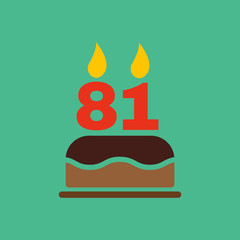 The birthday cake with candles in the form of number 81 icon. Birthday symbol. Flat