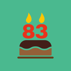The birthday cake with candles in the form of number 83 icon. Birthday symbol. Flat