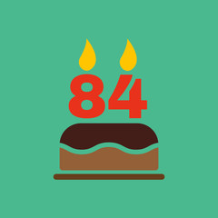 The birthday cake with candles in the form of number 84 icon. Birthday symbol. Flat