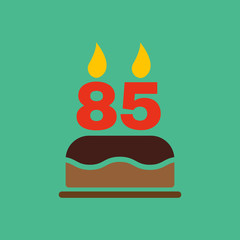 The birthday cake with candles in the form of number 85 icon. Birthday symbol. Flat