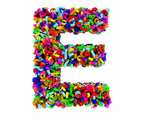 The letter E consists of numbers. Colored letters on a white background. 3D render.