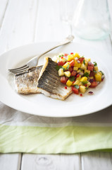 Seabass with watermelon, pineapple and mango salsa
